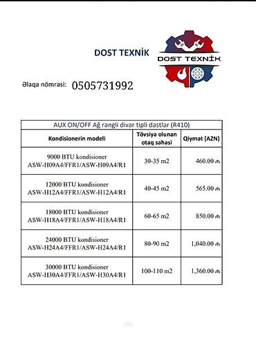 aux 12000: AUX ON/OFF ağ rəngli divar tipli kondisioner dəstləri (R410) Model və — 1