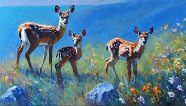 художественные картины маслом: Картина "Олениха с оленятами на холме". Написана маслом на оргалите