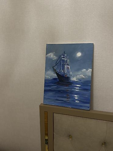 Картины и портреты: Картина акрилом на холсте: ночное море и парусник при луне. Глубокие — 2