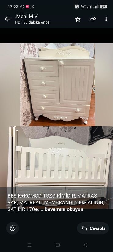 Ev üçün digər mallar: BEŞİK+KOMOD TƏZƏ KİMİDİR, MATRAS VAR, MATREALİ MEMBRANDİ,500₼ ALINIB