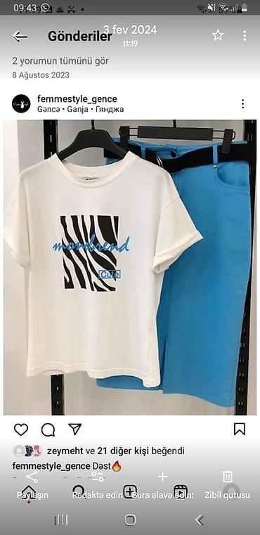 t shirt: Qadın geyim dəsti - 2 hissədən ibarət: ağ qısaqoll T‑şört və mavi — 1