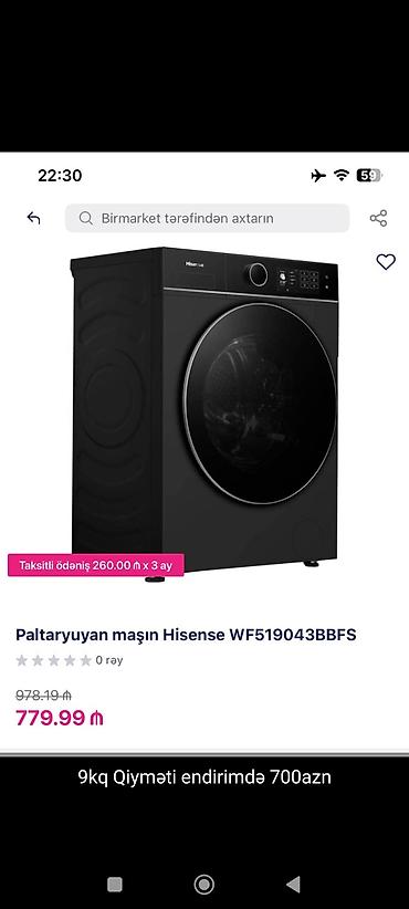 hisense wf519043bbfs: Paltaryuyan maşın Hisense, 9 kq, Yeni, Avtomat, Qurutmasız, Kredit yoxdur — 1
