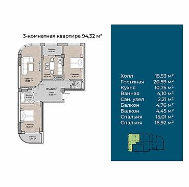 пекарн: 3 комнаты, 94 м², Кок-Жар ж/м Элитка, 12 этаж, ПСО (под самоотделку) — 2