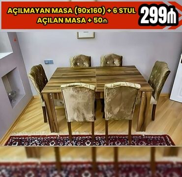 Yataq otağı dəstləri: Qonaq otağı üçün, Yeni, Açılmayan, Dördbucaq masa, 6 stul, Azərbaycan