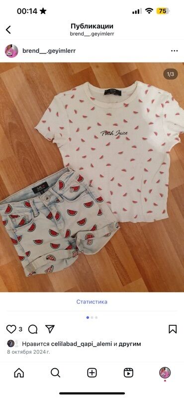 Dəstlər, kostyumlar: Ağ rəngdə, qısaqol, qarpız printli t-shirt və qarpız printli cins