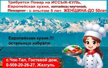 гостиница ысык куль: Требуется Повар -ЖЕНЩИНА до 50 лет, с опытом 5 лет, на Иссык-куль