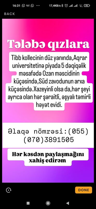 Otaqların uzunmüddətli kirayəsi: Tələbə qızlar üçün kirayə otaqlar – Tibb Kollecinin düz yanında, Aqrar -da lalafo.az — 2 Otaqların uzunmüddətli kirayəsi: Tələbə qızlar üçün kirayə otaqlar – Tibb Kollecinin düz yanında, Aqrar — 2