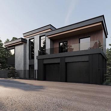 Фасадные работы: Современный двухэтажный дом с плоской крышей и панорамными окнами. - — 9