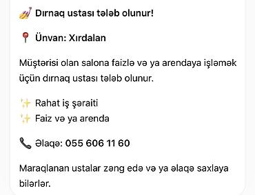 is elanlari aspaz: Dırnaq ustası tələb olunur, Yerin icarəsi — 1