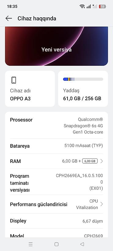 oppo telefon: Oppo A3, 256 GB, rəng - Qara, İki sim kartlı — 4