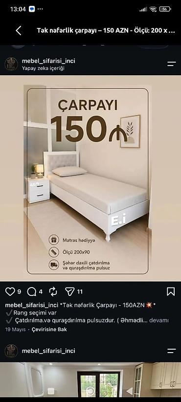 dosək: Tək nəfərlik çarpayı - Qiymət: 150 AZN - Ölçü: 200 x 90 sm - Matras — 1