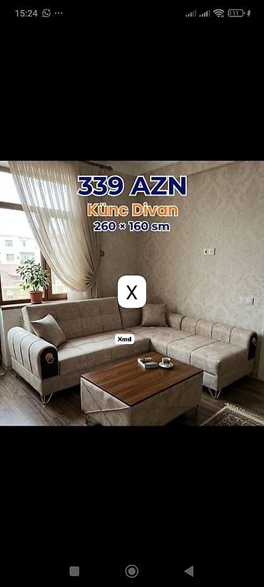Divanlar: Künc Divan – 260 × 160 sm Qiymət: 339 AZN (şəkildə göstərildiyi — 1