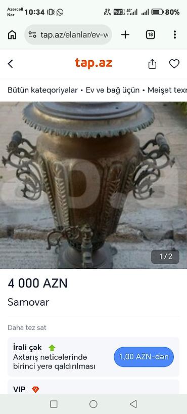 samovar 3 litr: Antik samovar – bürünc/küpə formalı, oymalı dekorla. Korpusda zərif — 1