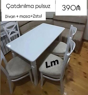 Divan və masa dəstləri: Divan + masa + 2 stul dəsti - Künc divan: yumşaq bej parça üzlüklü — 1