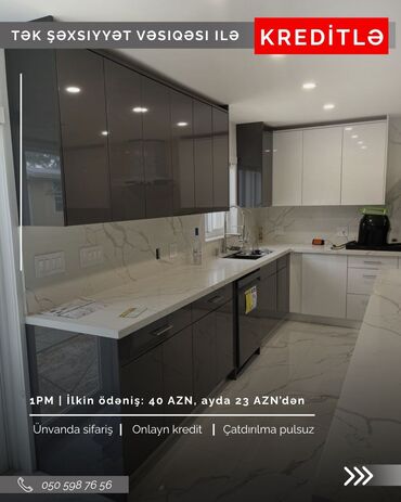 Sifarişlə mətbəx mebeli: Sifarişlə mətbəx dəsti, Özü çəkən petlələr, Sadə laminat, Kredit var, Pulsuz çatdırılma — 13