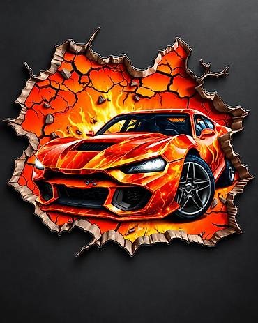 sudopera element forma ideale: 3D Zidna Nalepnica Sportski Auto u Plamenu – 2891 3D Zidna Nalepnica — 4