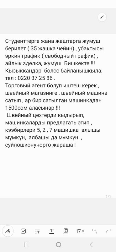 Торговые агенты: Студенттерге жана жаштарга жумуш берилет ( 35 жашка чейин) убактысы