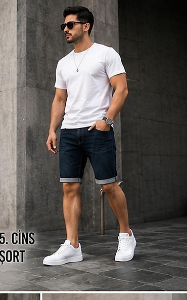 Kişi cins şort - Model: klassik kəsimli dizüstü cins şort - Rəng