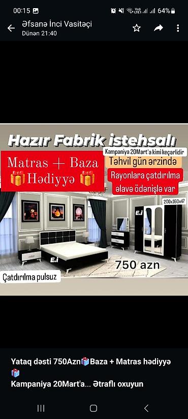 mebel trimo: *Yataq dəsti 750Azn🎁Baza + Matras hədiyyə🎁* *Kampaniya 20Mart'a kimi — 3