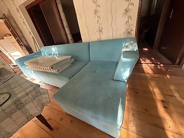 künc divan ölçüləri: Mavi rəngli L formalı künc divanı - Dizayn: Sağ tərəfi şezlonq olan — 3
