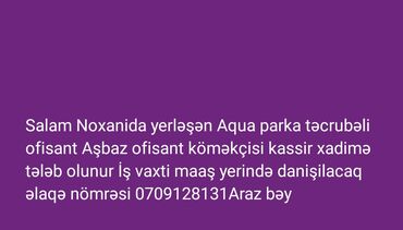 Digər ixtisaslar: Noxanıda yerləşən Aqua parka təcrübəli ofisiant, aşbaz, ofisiant