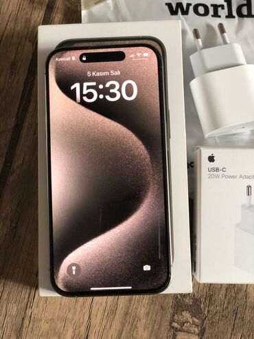 Apple iPhone: IPhone 15 Pro, 128 GB, Natural Titanium, Barmaq izi, Face ID, Sənədlərlə