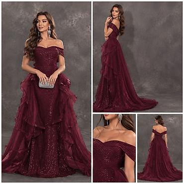 Bordo rəngli ziyafət/gecə libası - Stil: ofşouldər (çiyindən
