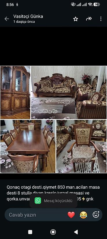 Qonaq otagi desti.qiymet 850 man.acilan masa desti 8 stulla,divan