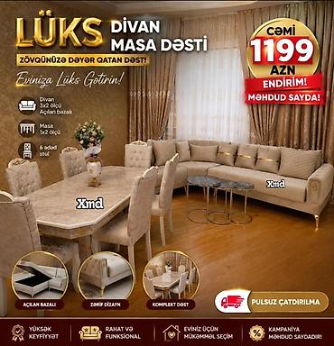 Lüks divan–masa dəsti Komplekt tərkibi: - Divan: 3x2 ölçü, açılan at lalafo.az — 1 Lüks divan–masa dəsti Komplekt tərkibi: - Divan: 3x2 ölçü, açılan — 1