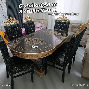 oturan stullar: Klassik üslubda yemək otağı dəsti - Oval stol – qızılı naxışlı dekor — 1
