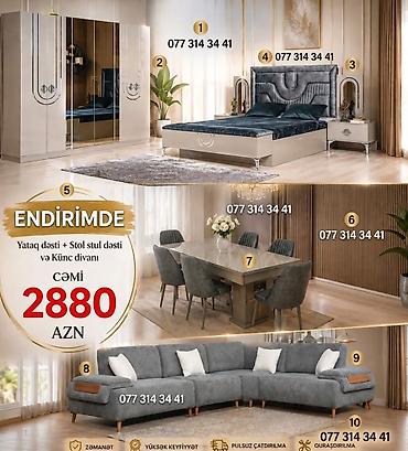 Mebel dəstləri – Yataq otağı + Yemək otağı (stol-stul) + Künc divanı