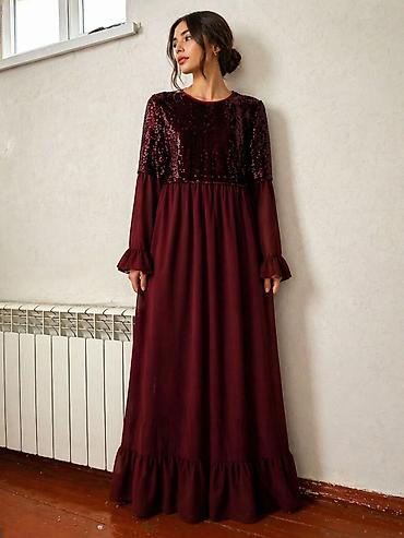 volanlı ətək: Bordo rəngli uzun ziyafət/abiyə don - Üst hissə: parıltılı payetlərlə — 1
