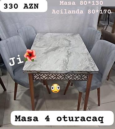 masa metbext: Masa və 4 oturacaqdan ibarət mətbəx dəsti. - Masa ölçüsü: 80×130 sm — 1