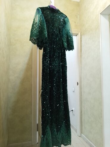 платье халат с пайетками: Вечернее платье, Длинная модель, С рукавами, С пайетками, XL (EU 42)