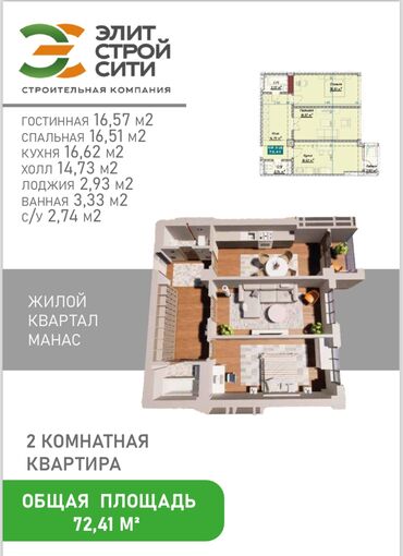 сточной квартира: 2 комнаты, 72 м², Элитка, 7 этаж, ПСО (под самоотделку)