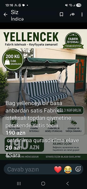 качели для дачи баку: Məhsul: Bağ yelləncəyi (fabrik istehsalı) Xüsusiyyətlər: - 3 nəfərlik — 1