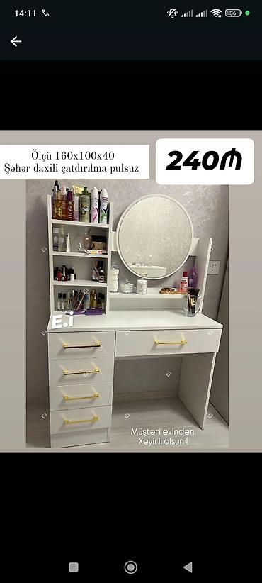 refli: Ağ rəngdə kosmetik masa – güzgülü və rəfli model - Ölçü: 160×100×40 — 1