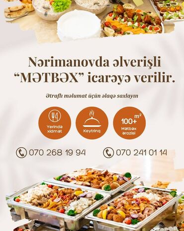 аренда помещения под ресторан кафе: 📌İCARƏYƏ MƏTBƏX VERİRƏM. (Şəxsi işlətdiyim məkandır) 📍N.Nərimanovda