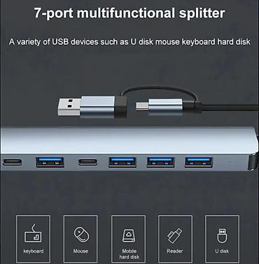 pc baku: 7 Portlu USB Hub – USB-C + USB-A 2‑in‑1 Xüsusiyyətlər: - Ümumi 7 port — 4