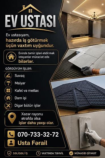 malyar usta is elanlari: Ev ustası xidməti Peşəkar ev təmiri və qurma işləri: - Suvaq işləri - — 1