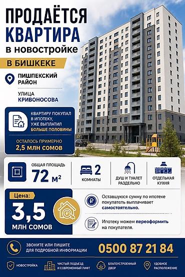 отель бишкек: Продаётся 2‑комнатная квартира в новостройке, г. Бишкек, Пишпекский — 1