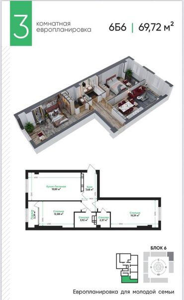 кыартира аренда: 3 комнаты, 70 м², Элитка, 5 этаж, ПСО (под самоотделку)