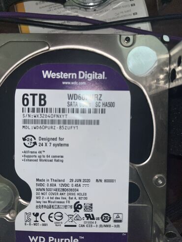 srt disk: Sata 3,5mm 7200rpm 6GPS 256mb cache yaddaş 6TB WD PURPLE ORJİNAL