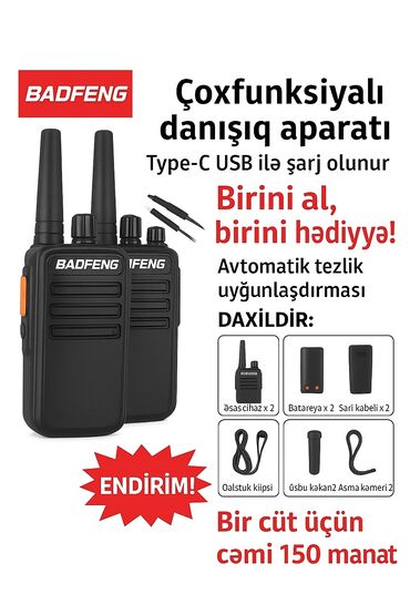su qizdirici krant: BADFENG çoxfunksiyalı danışıc aparatı – walkie‑talkie dəsti