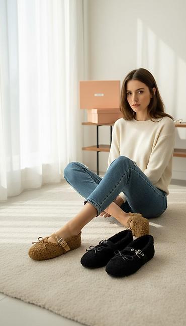 Бархатистые балетки Miu Miu из мягкого «овчинного» материала с кожаной