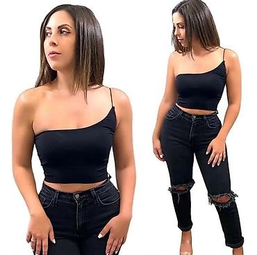 lc torbe: Crop top jedno rame Crna,svetlo — 1