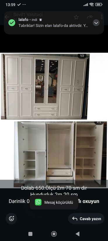 Yataq otağı dəstləri: Dolab 650.Ölçü 2m 70 sm dir Hundurluk 2m 20 sm Dərinlik 0.60 sm. Ünvan