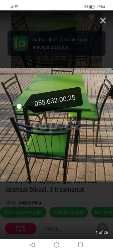 Sifarişlə masa və oturacaq dəstləri: Dördbucaq masa, Mətbəx üçün, Dəhliz üçün, Eyvan üçün, Digər adam sayı, Açılmayan, Azərbaycan, Zəmanətli — 16