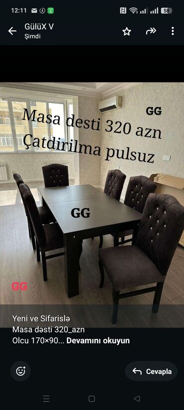 Sifarişlə oturacaqlar: Yeni ve Sifarislə Masa dəsti 320_azn Olcu 170×90 Material laminat Reng