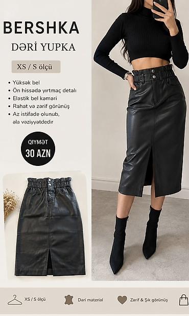 Bershka dəri yubka - Ölçü: XS / S - Yüksək bel - Ön hissədə yırtmac